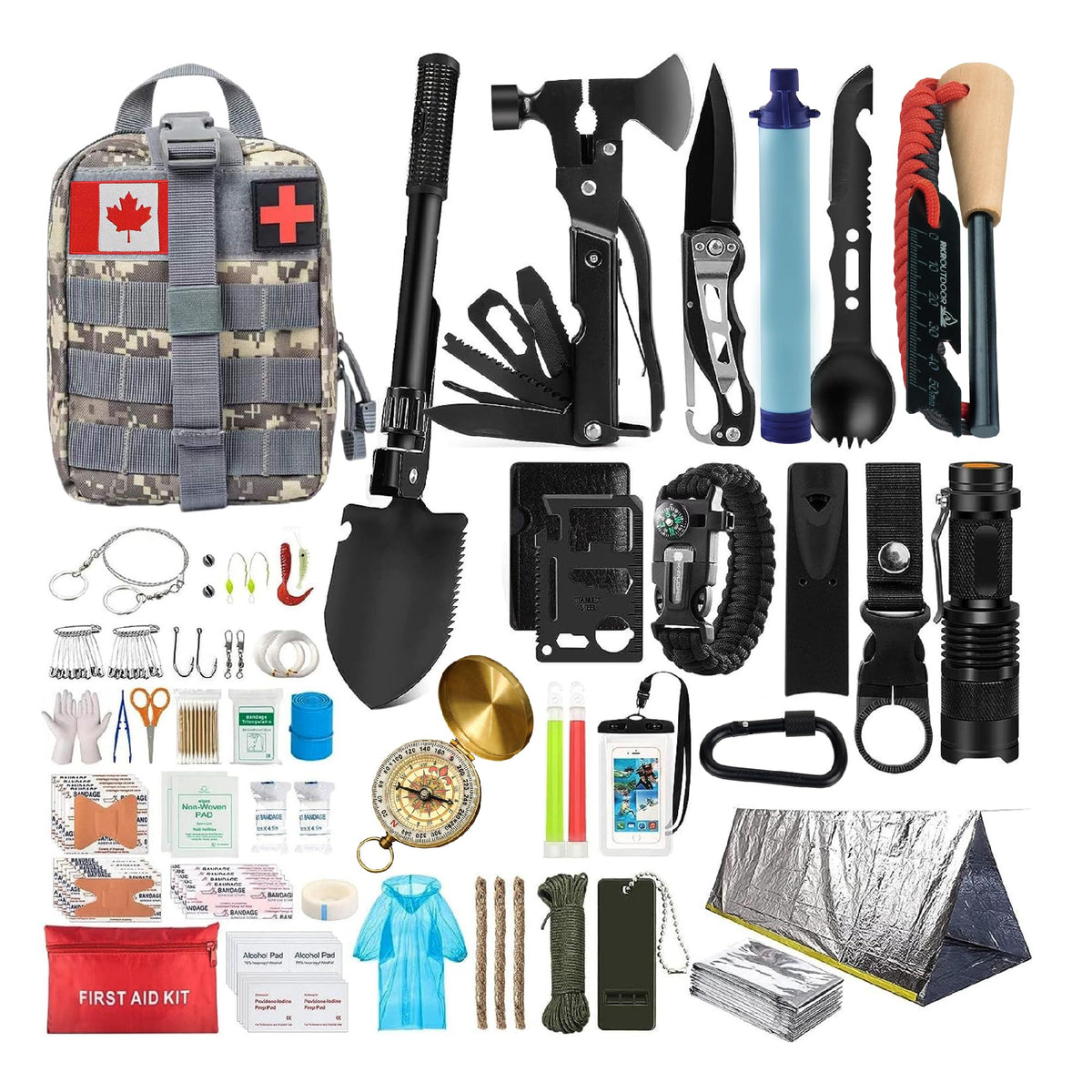 Emergency Survival Kit and First Aid Kit for Outdoor Professional Outdoor Tools for Camping Outdoor Adventure Hiking and Hunting Survival Gear with Molle System (Grey)