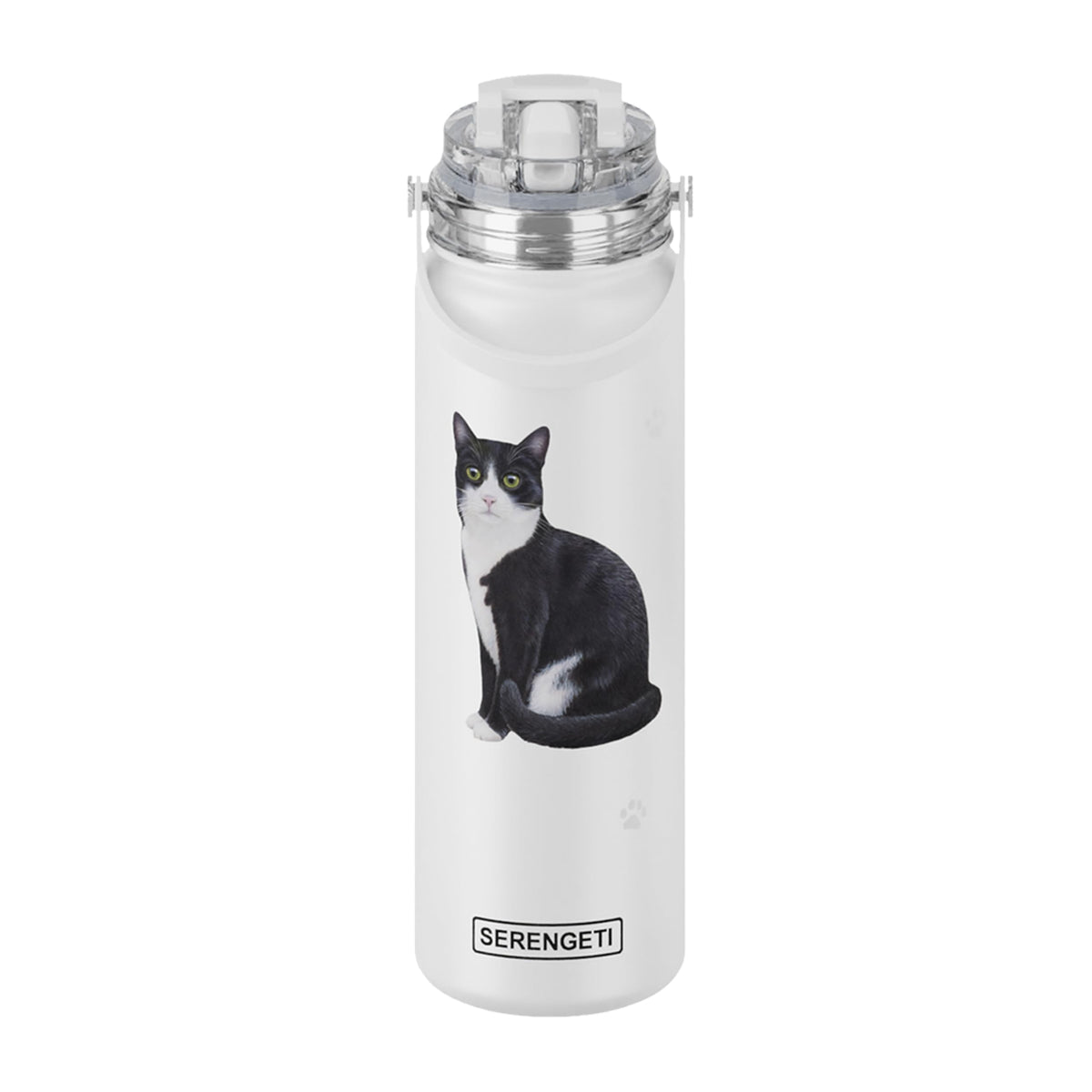Black & white Cat Stainless Steel Water Bottle 24 Oz. with Spill Proof detachable straw - Double walled Vacuum Insulated water flask - Realistic 3D Print - SERENGETI waterbottle (Black and white Cat)