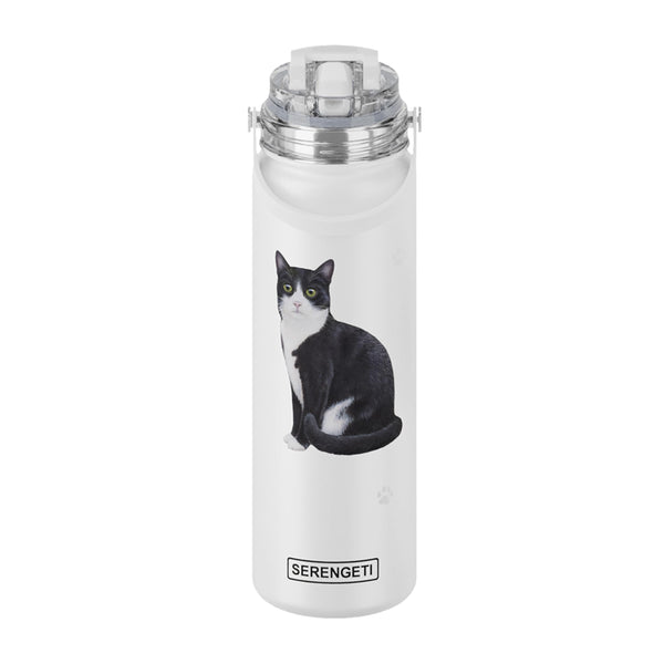 Black & white Cat Stainless Steel Water Bottle 24 Oz. with Spill Proof detachable straw - Double walled Vacuum Insulated water flask - Realistic 3D Print - SERENGETI waterbottle (Black and white Cat)