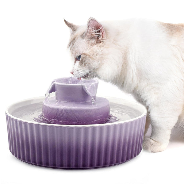 NautyPaws Ceramic Cat Water Fountain Pet Ceramic Water Fountain 2.1 L Drinking Fountains Bowl for Cats and Dogs with Replacement Filters and Foam(Purple)