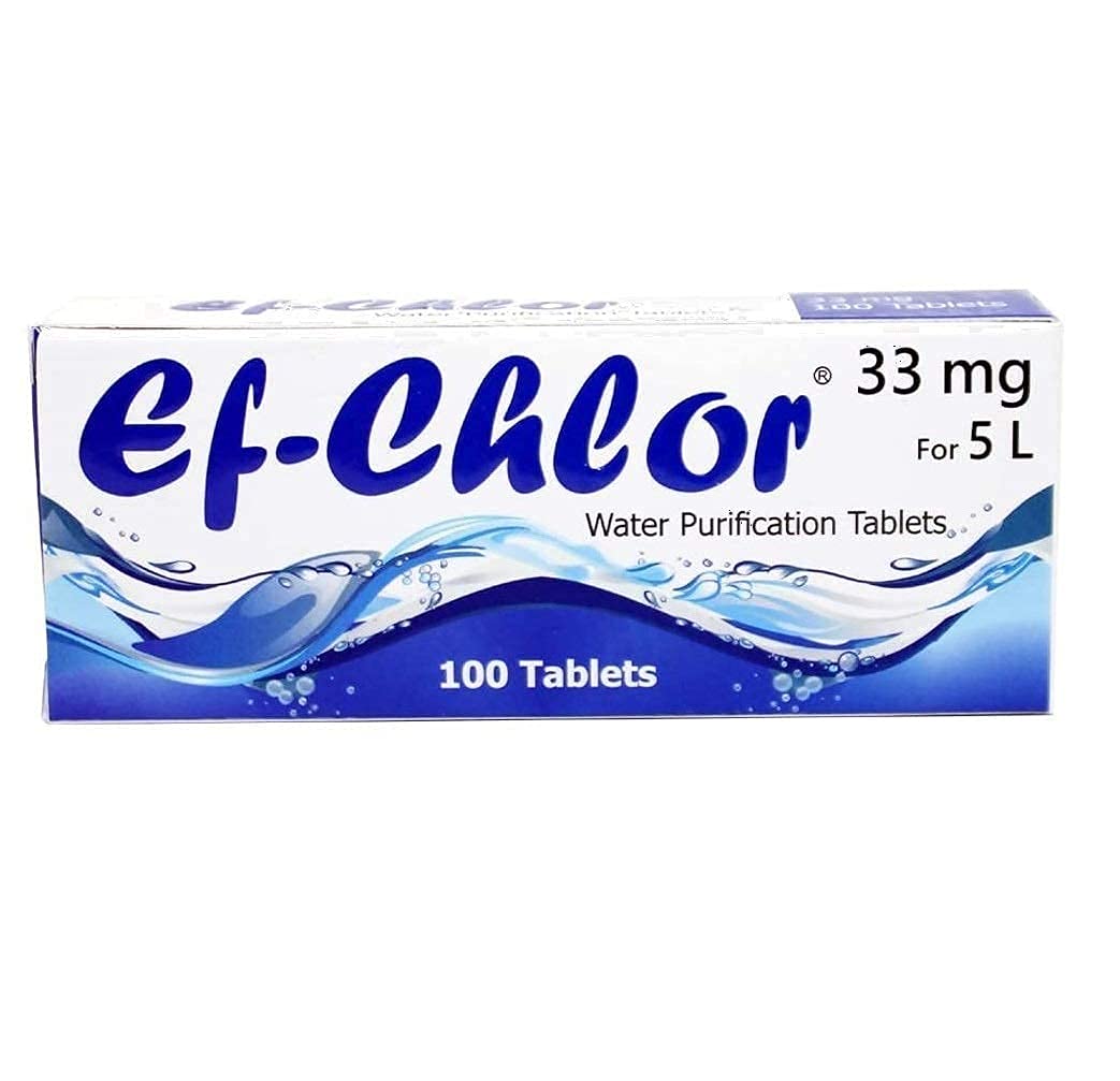 Ef-Chlor Water Purification Tablets/Drops 33 mg - Pack of 100 Tablets - Potable Drinking Water Treatment Ideal for Emergencies Survival Travel and Camping Purifies 2.64 Gallons in 1 Tablet