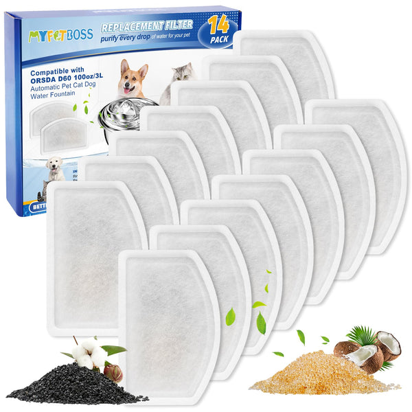 MyfatBOSS Cat Water Fountain Filter 14 Pack Pet Fountain Filter Replacement Cat Fountain Filter Replacement Compatible with ORSDA D60 100oz/3L Automatic Pet Cat Dog Water Fountain for Dog Cat Pet