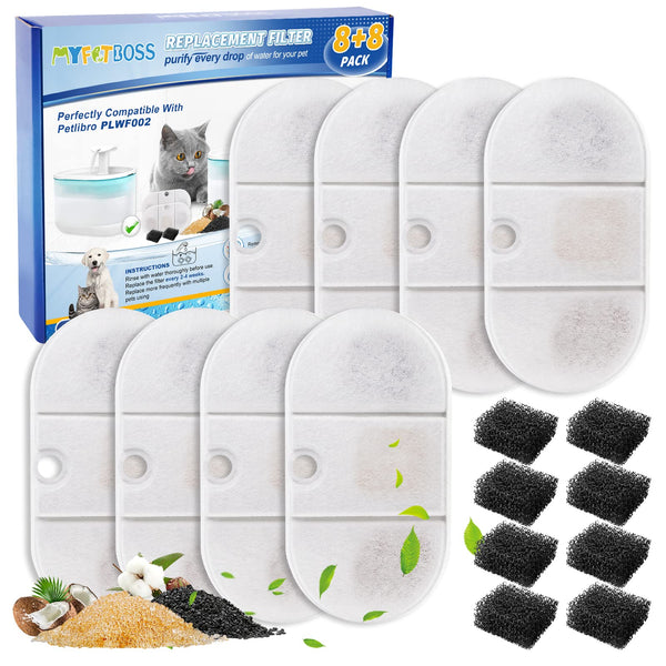 MyfatBOSS Cat Water Fountain Filter 8 Pack Cat Fountain Filter Replacement and 8 Pack Sponge Filter for Pet Water Fountain Compatible with Petlibro Capsule 71oz/2.1L Ultra Quiet Pet Water Fountain