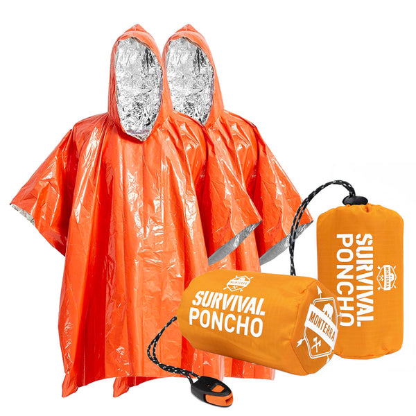 Monterra Emergency Survival Poncho. 2 Thermal Mylar Space Blanket Rain Ponchos. Camping Accessories Outdoor Survival Gear and Equipment EDC. (Orange)