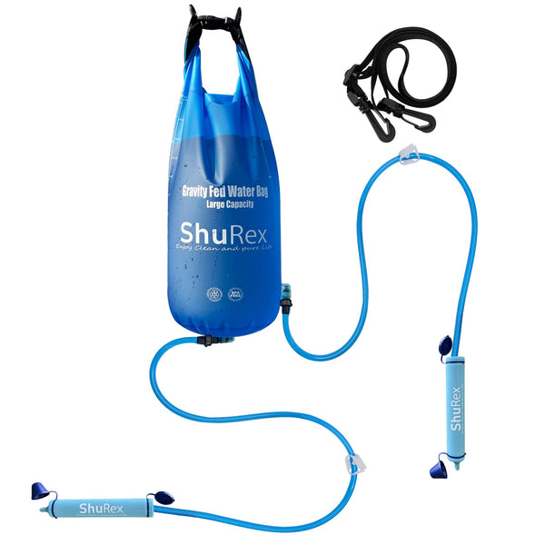 ShuRex Gravity Fed Water Filtration System with Adjustable Tree Strap Large Gravity Bag with Filter Straw Water Purifier Survival for Travel Backpacking and Emergency Preparedness (12L)