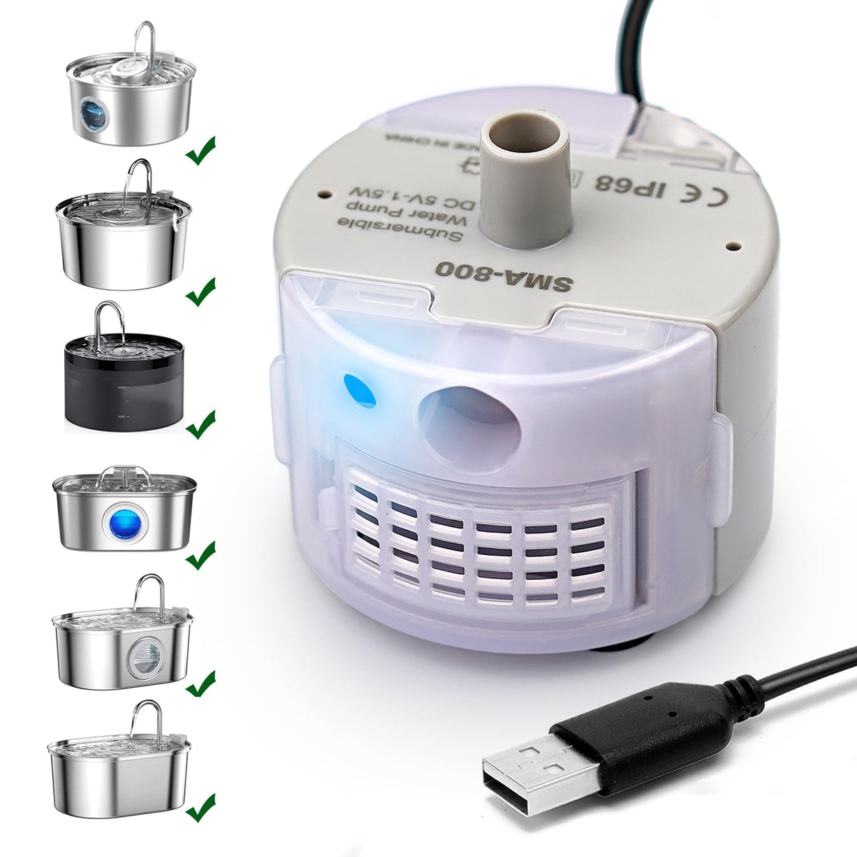 Cat Water Fountain PumpPet Water Fountain Pump Replacement Pump SMA-800 Submersible MotorCat Fountain Pump for Stainless Steel Cat Water Dispenser