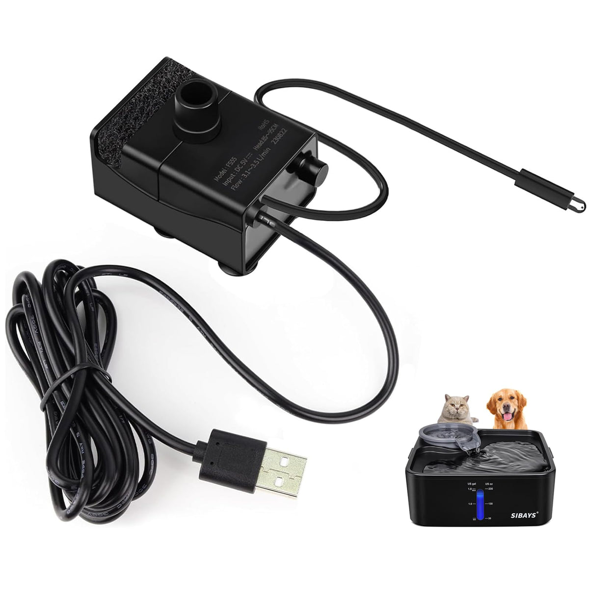 SIBAYS Cat Water Fountain Pump Pet Water Fountain Replacement 1.8 Gal Large Dog Water Fountain Pump Mini Submersible Pump Ultra Quiet