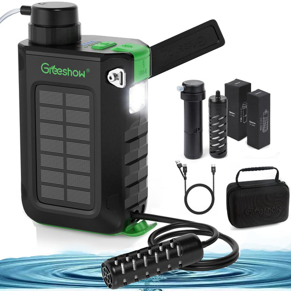Solar Electric Water Filter Survival 0.01 Micron 5-Stage Filtration System Portable Emergency Preparedness Mobile Power Supply for Hiking Camping Travel Backpacking Biking Fishing Hunting